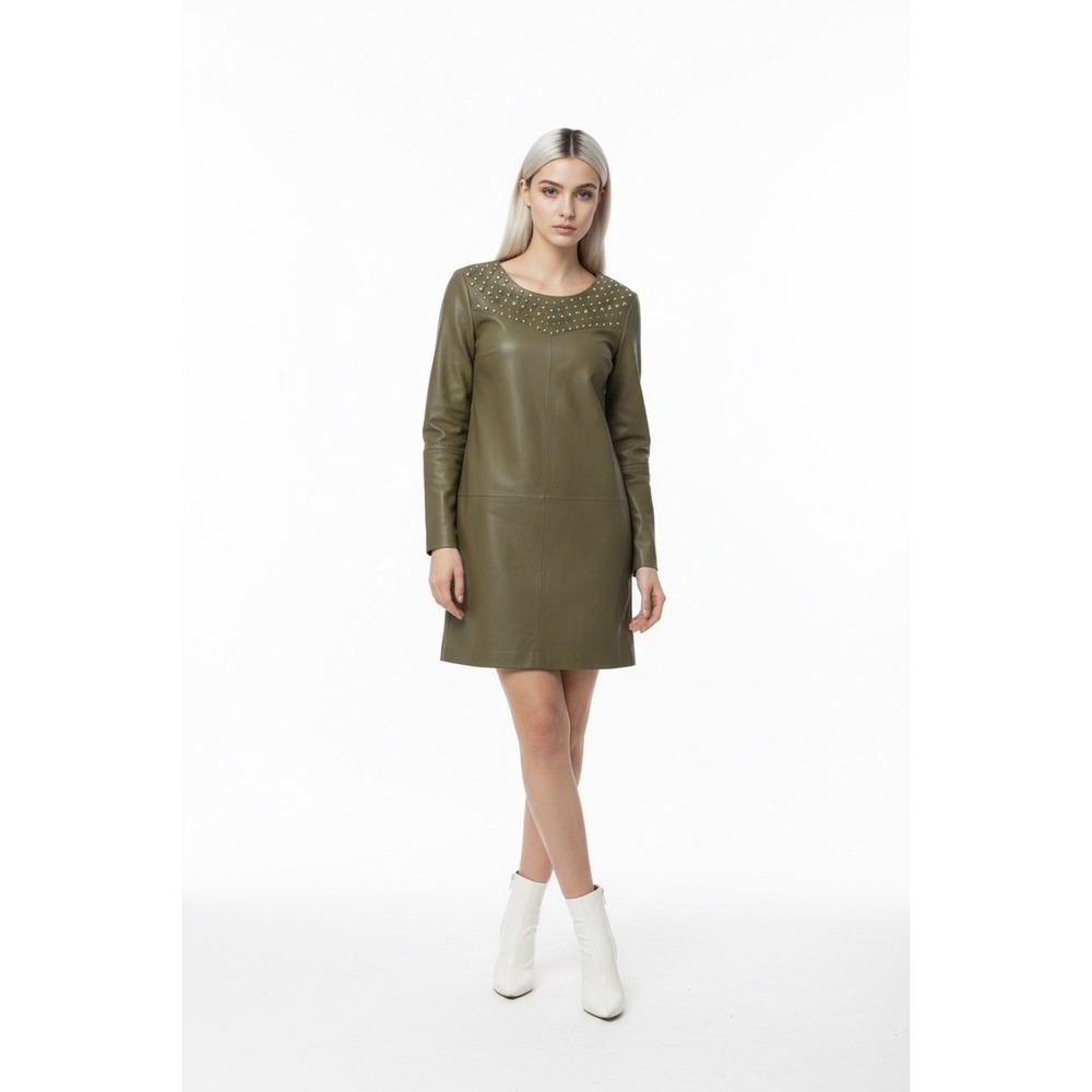 Maison Scotch Punk Radar Olive Green Leather Studded Yoke Shift Mini Dress Small